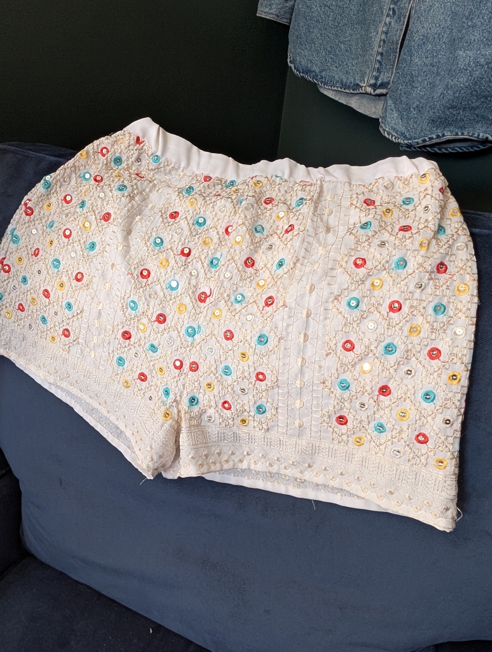 Free Generation White Shorts With Multicolor Embroidered Accents And Sequins